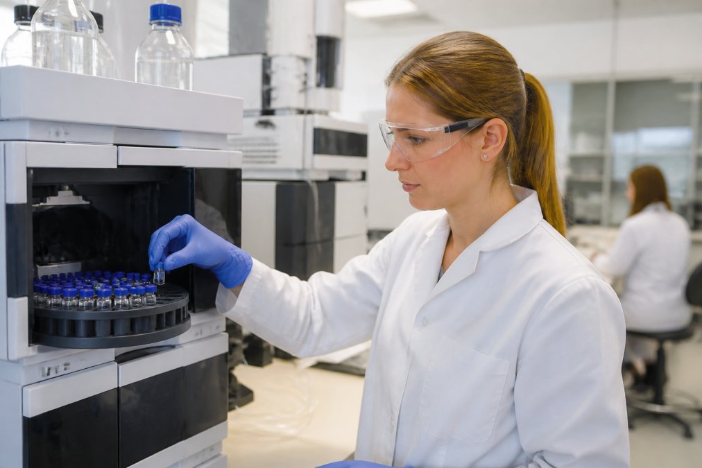 A scientist in a white lab coat carefully loading a sample vial into an HPLC machine in a clean, well-lit analytical laboratory