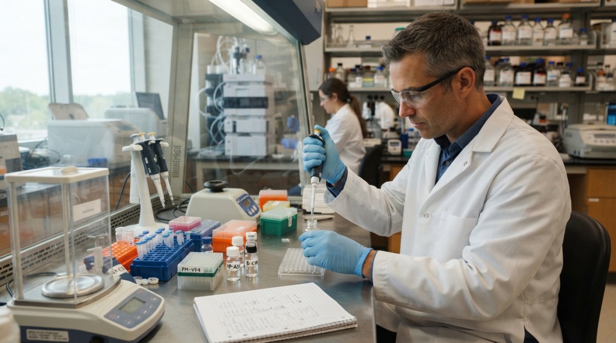 Onderzoeker in laboratorium werkende met peptide monsters in gevriesdroogde vorm en analysepapieren op werkblad, onder helder laboratoriumlicht
