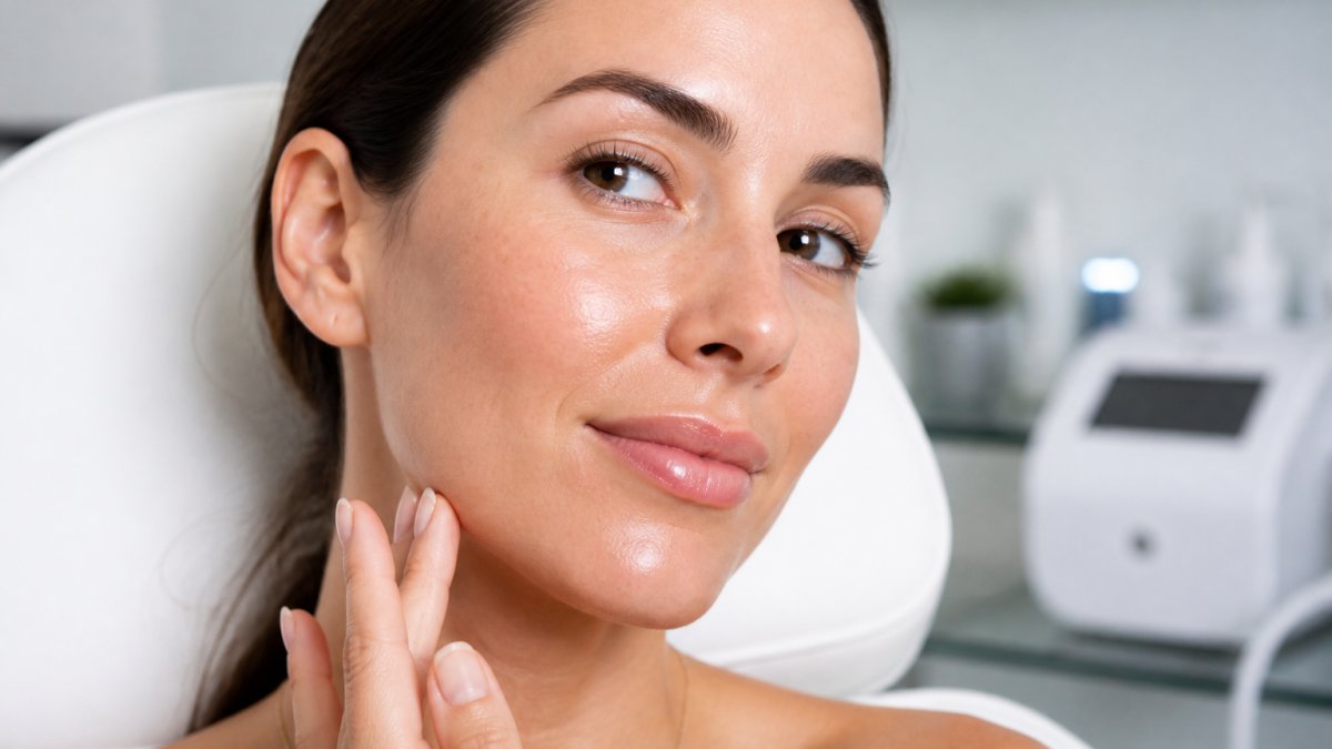 Close-up of woman's face showing smooth, hydrated skin with visible radiance and firmness, professional skincare clinic lighting