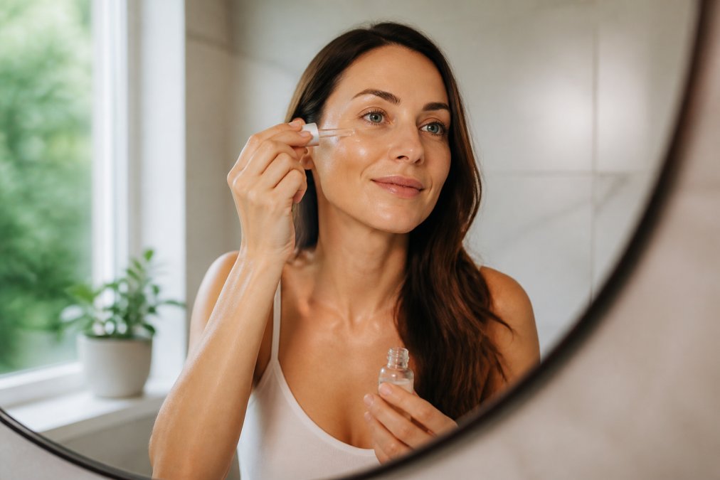 Woman applying peptide serum to her face in a bright, calm bathroom with soft natural light streaming through a window, focusing on mindful skincare application and serene ritual