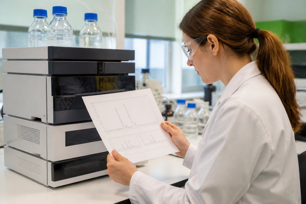 A researcher in a white lab coat and safety glasses examining a printed analytical chromatogram beside a laboratory HPLC instrument on a bench