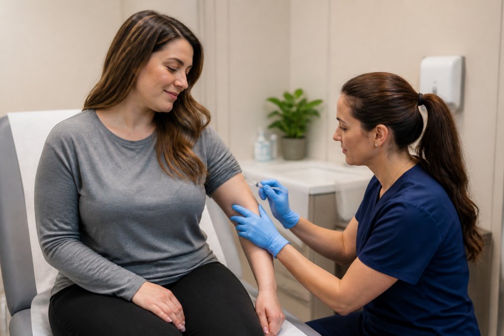 Patient receiving a peptide injection in a medical clinic setting, with a healthcare professional administering treatment in a clean, professional environment