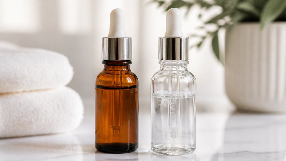 Amber retinol serum and clear peptide serum side by side on a clean white surface with soft lighting