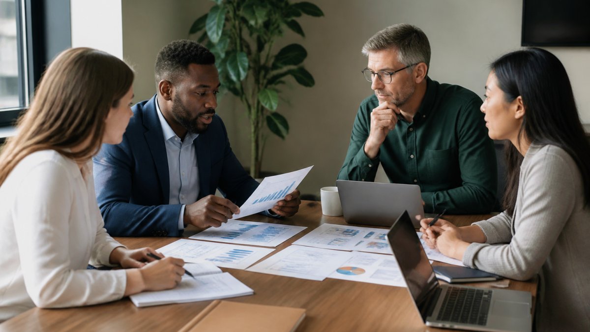 Professional team gathered around a conference table reviewing budget documents and IT cost reports with laptops and spreadsheets visible, discussing pricing models