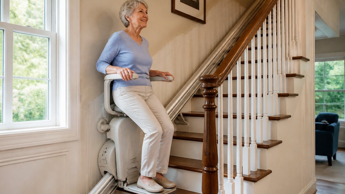 Older adult using a perch stairlift while ascending a residential staircase, demonstrating the semi-standing position with hands lightly gripping the armrests, natural home lighting from a window