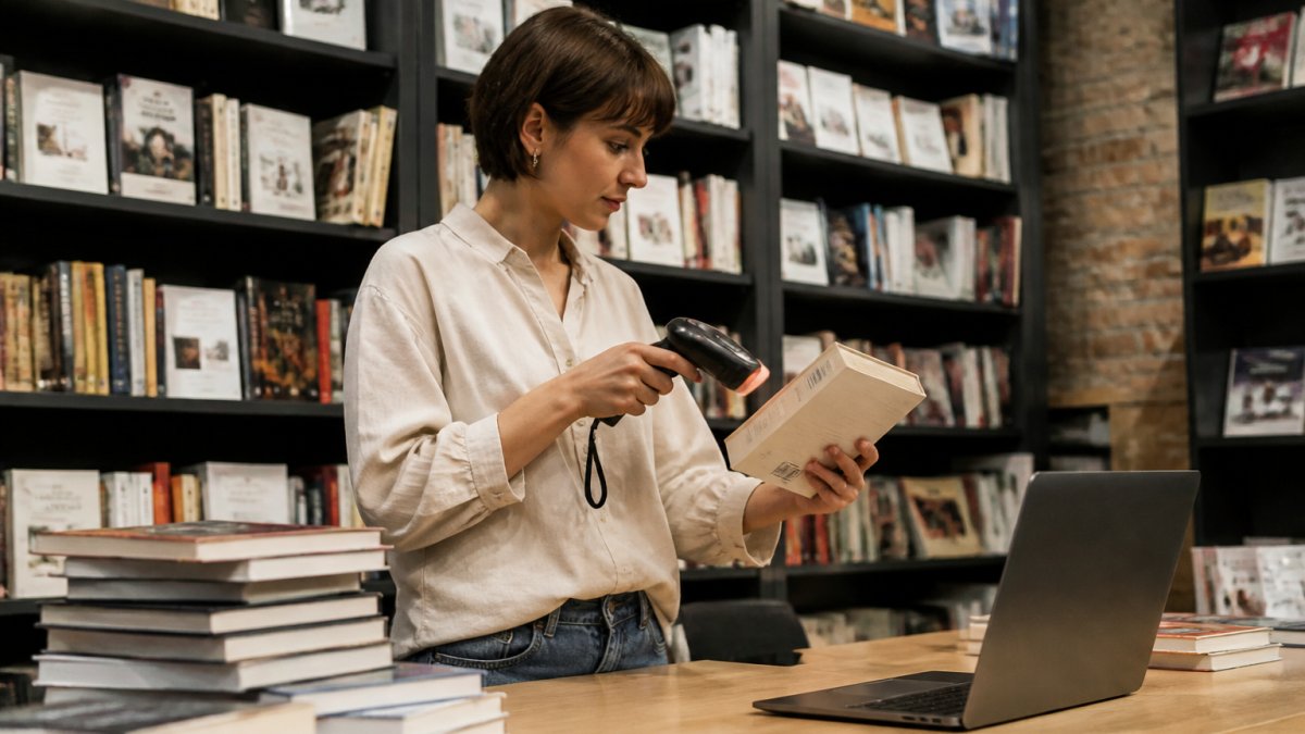 A bookseller in an independent bookstore scanning a book barcode with a handheld device near shelves, laptop open on the counter showing inventory data