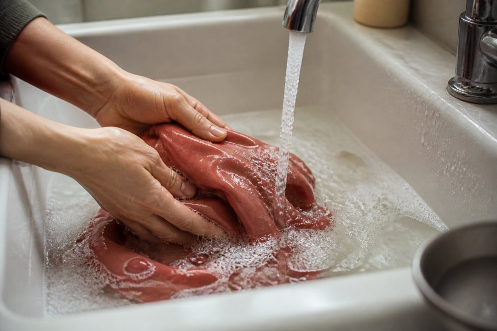 Hands gently rinsing a piece of dyed fabric under cold running water in a sink, with visible foam and water droplets