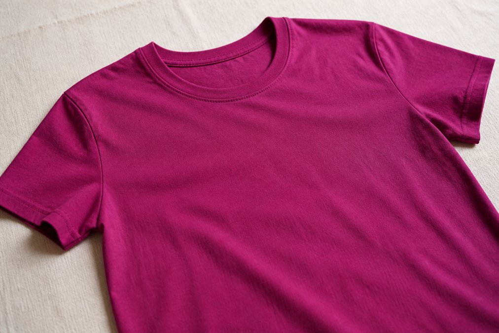 Close-up of a cotton garment with a uniform, vibrant color, laid out on a neutral surface under natural light