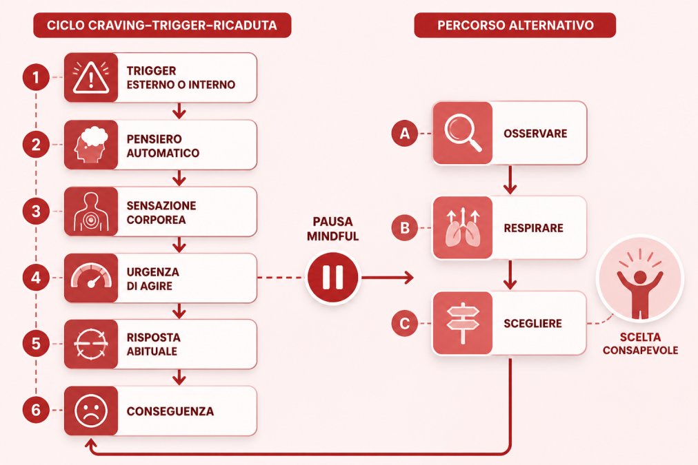 Diagramma del ciclo craving-ricaduta e percorso mindful, utile per capire perché la mindfulness aiuta nel recupero dalle