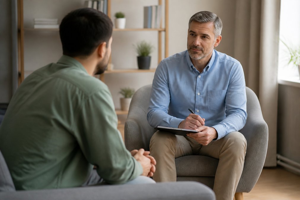 Professional healthcare provider in consultation with patient in welcoming clinical setting, demonstrating empathetic communication and human support with natural lighting