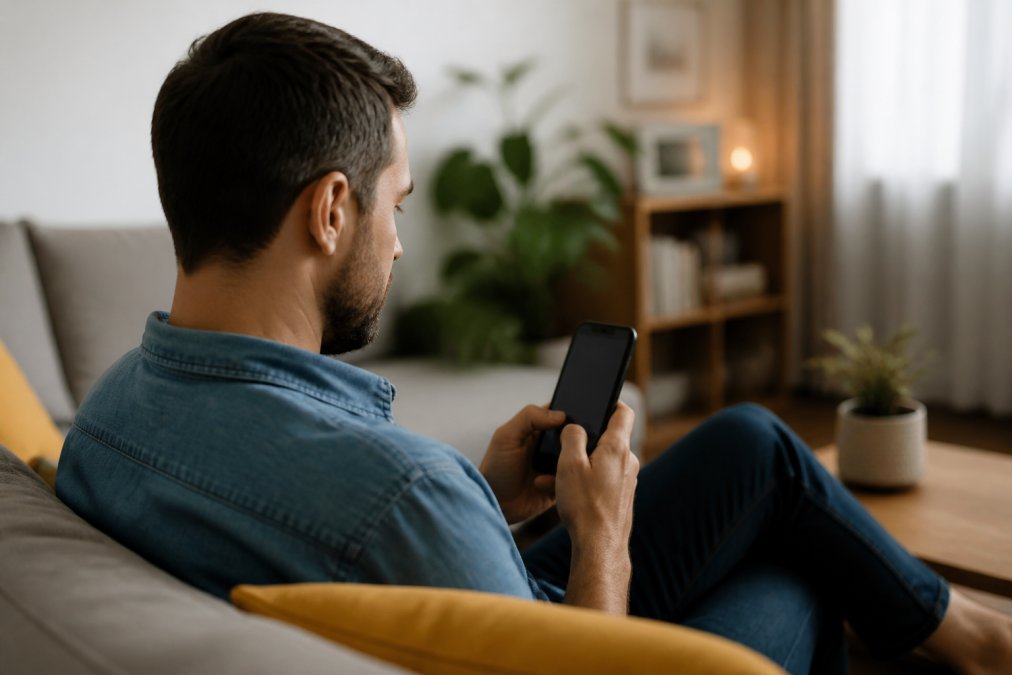 Person using smartphone in quiet home environment, viewing mental health support app with supportive notifications and wellness features on screen