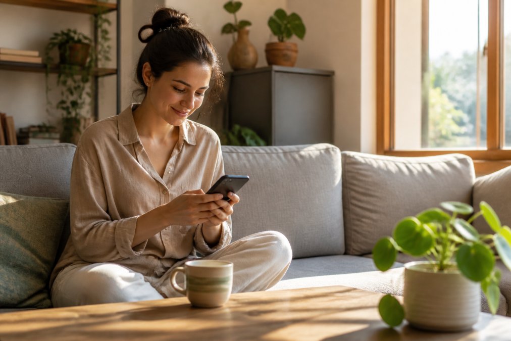 Una persona che usa uno smartphone in un ambiente domestico rilassato, seduta su un divano con una tazza di tè sul tavolo davanti a lei, che interagisce con un'app di supporto alla salute in una stanza con luce naturale calda