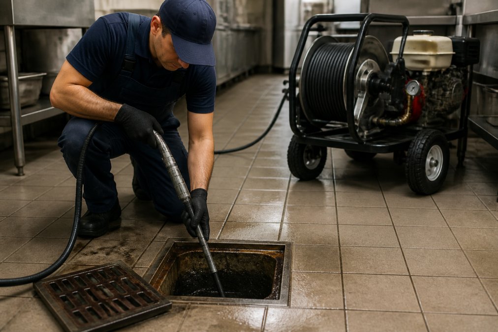Technicien spécialisé effectuant le nettoyage haute pression d'une canalisation de drainage commercial, équipement professionnel visible en arrière-plan, intérieur d'établissement commercial