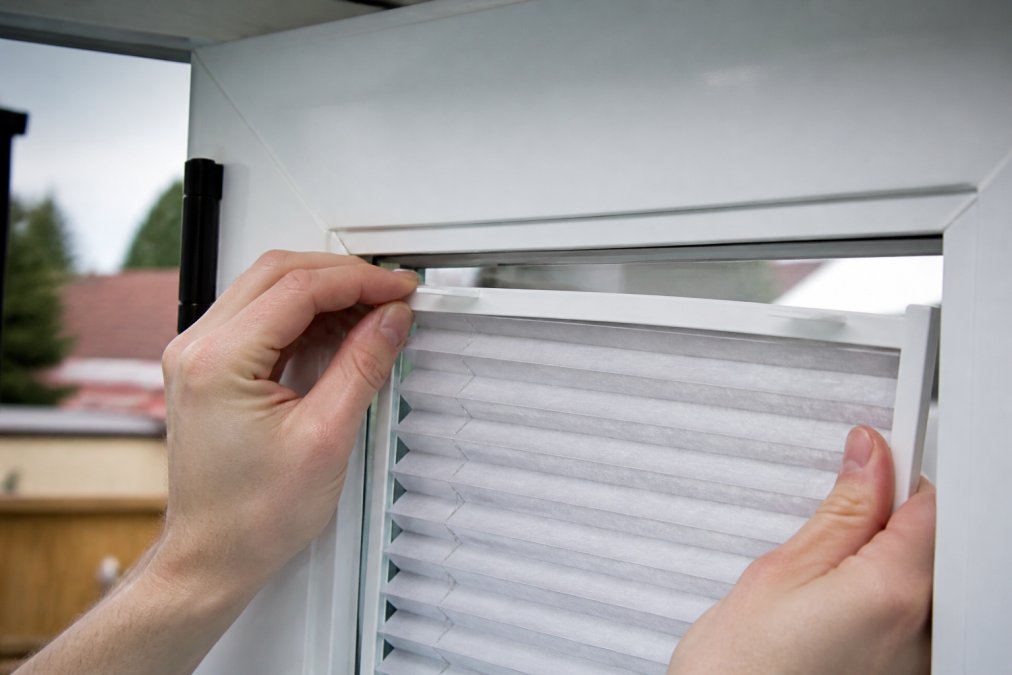 Close-up of a perfect fit blind being clipped into the glazing bead of a UPVC bi-fold door frame, showing the tensioned system secured without visible brackets or screws