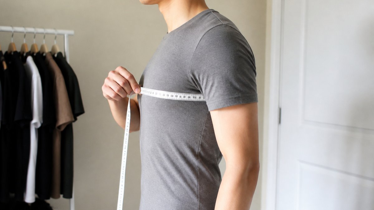 Person measuring chest width with a soft measuring tape against their body, wearing a fitted t-shirt, showing proper measurement technique from the side view in natural lighting