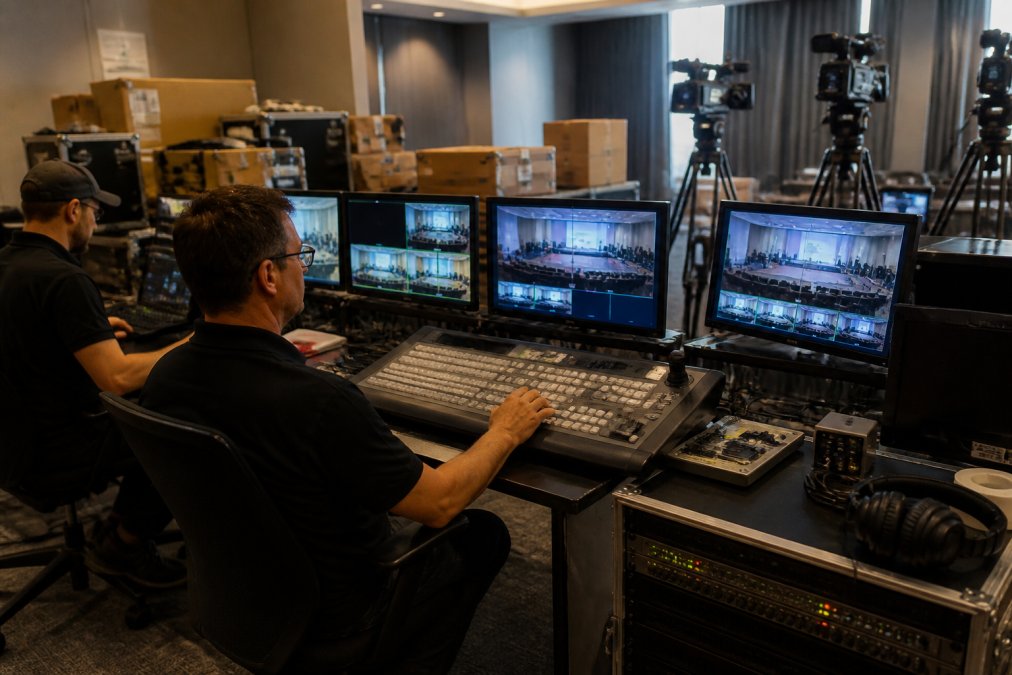 Professional control room with multiple monitors displaying live camera feeds, director seated at switching console managing PTZ cameras, and team members monitoring audio levels and signal integrity in real-time
