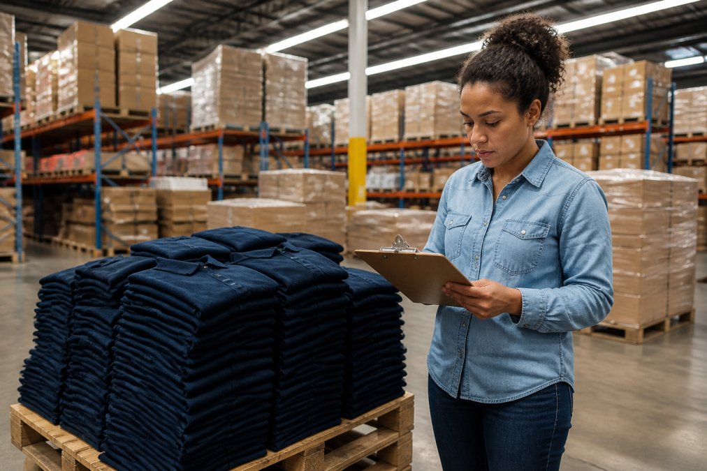 A logistics coordinator in a clean warehouse reviewing a clipboard next to a pallet of stacked, branded t-shirts under bright fluorescent lighting