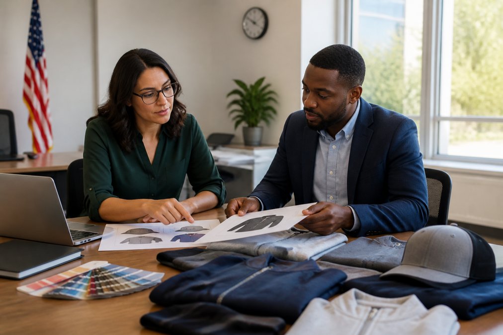 A procurement officer and a marketing manager reviewing printed proofs and branded apparel samples on a conference table in a bright government office, with a laptop and color swatches nearby