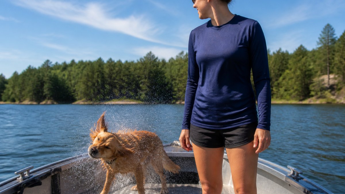 A person in a navy long sleeve tee standing on the deck of a small aluminium boat with a wet rescue dog shaking off beside them, sunny lake and green shoreline in the background