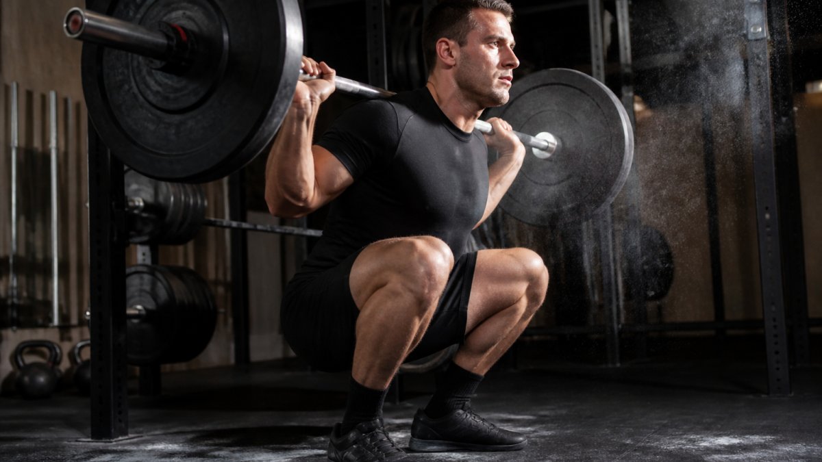 Lifter in black athletic shorts performing a deep barbell squat in a gym with chalk dust in the air