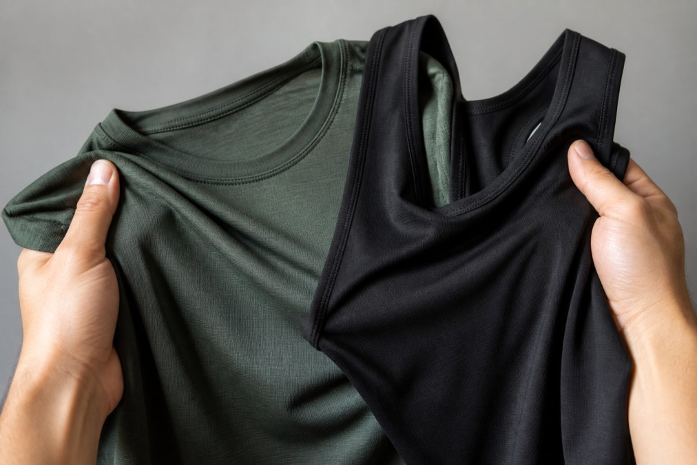 Close-up of bamboo-blend fabric texture and stitching on gym apparel