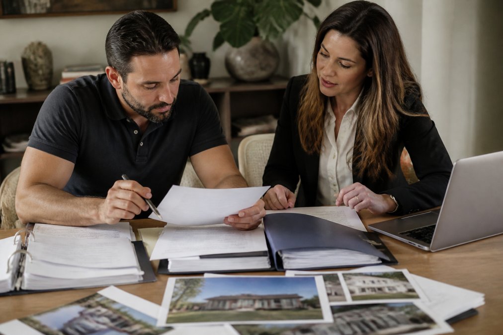 Professional real estate investor reviewing property documents and deal files at a desk with a laptop, organized binders, and project photos spread out