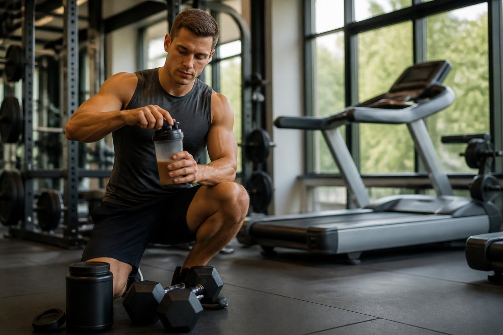 Athlete in modern gym setting mixing a protein shake with dumbbells and treadmill visible in background, representing both weightlifting and cardio training environments with natural lighting