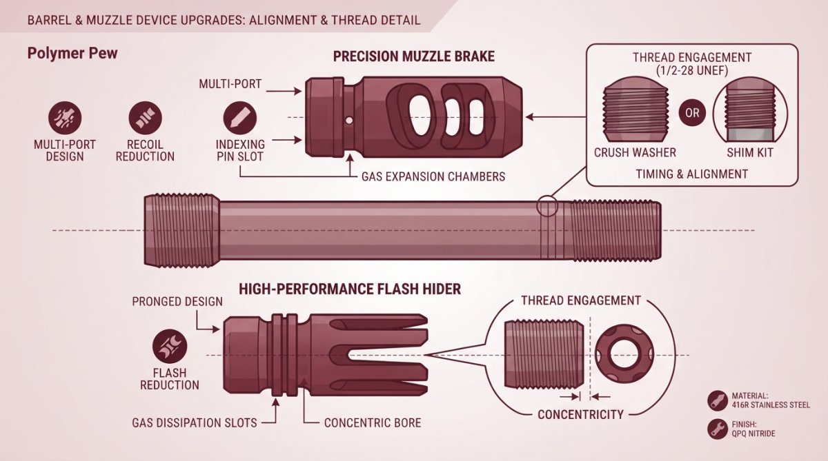 Close-up of precision-machined muzzle brake and flash hider components displayed alongside barrel, showing threading detail and alignment