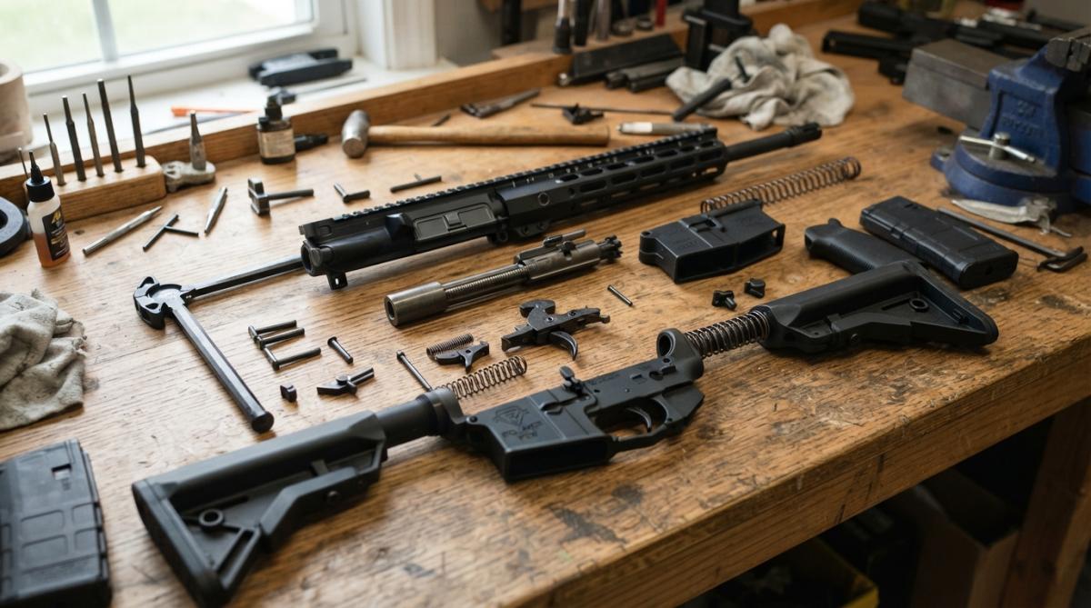 Upper and lower receiver components displayed with bolt carrier group, trigger assembly, and internal parts arranged to show assembly relationship