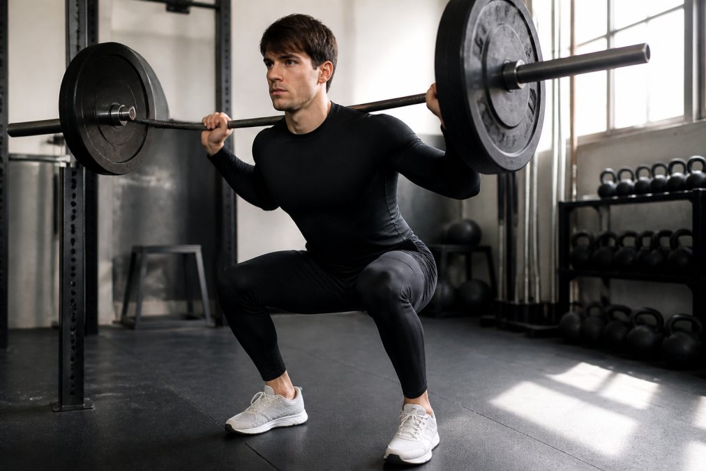 An athlete wearing fitted moisture-wicking athletic apparel mid-squat in a well-lit gym, showing full dynamic movement and form during a strength training session, natural overhead lighting highlighting fabric texture