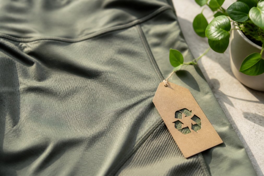 Close-up of sustainable athletic fabric laid flat on a light surface, showing material texture and weave detail alongside a small green plant and a recycled-content label tag, natural daylight from a nearby window