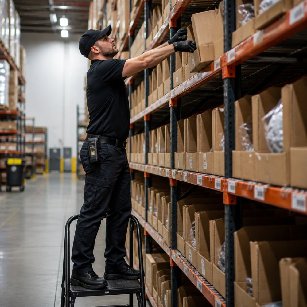 Warehouse worker in performance gear selecting items from high shelves during active picking tasks, showing proper posture and movement in a busy fulfillment center