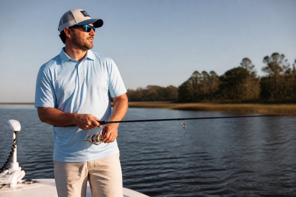 Angler in collared performance golf shirt standing on boat deck with fishing rod, water and shoreline visible in background, demonstrating outdoor gear in action