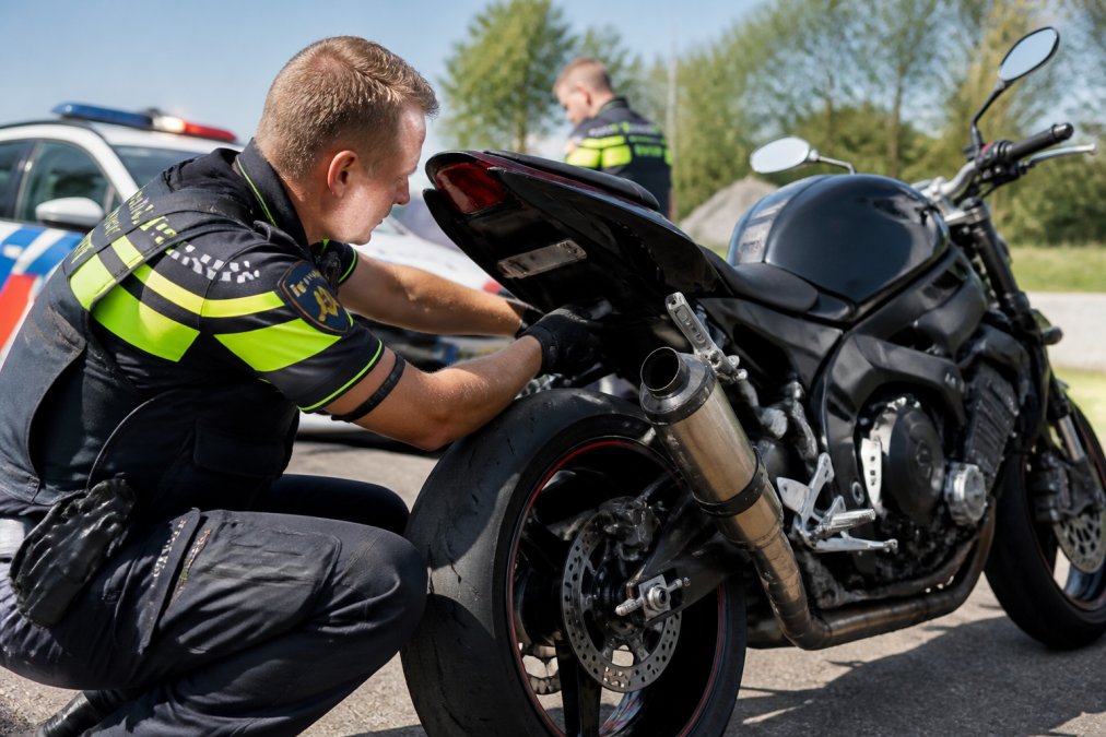 Politieagent die een motorfiets inspecteert bij een verkeerscontrole, met focus op de uitlaat en motoronderdelen in helder daglicht