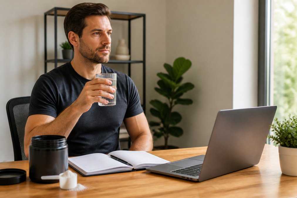 A professional in a bright home office holding a glass of water with a supplement scoop and powder container on the desk next to a laptop and a daily planner