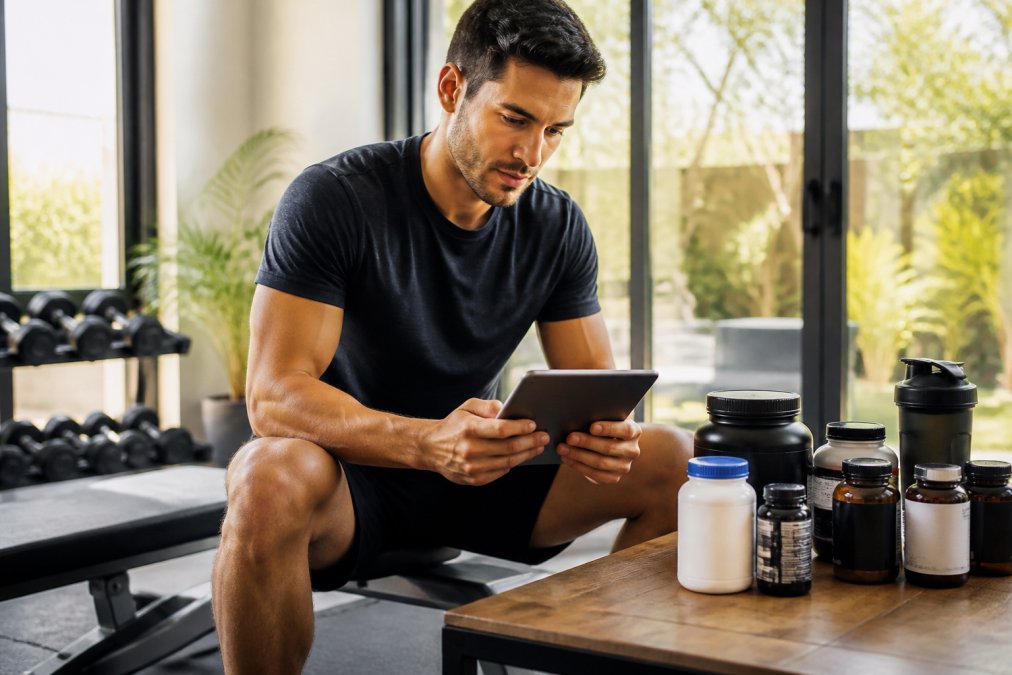 A man in athletic wear reviewing a tablet with supplement information in a bright home gym, bottles of supplements arranged on a wooden table beside him, morning light through large windows