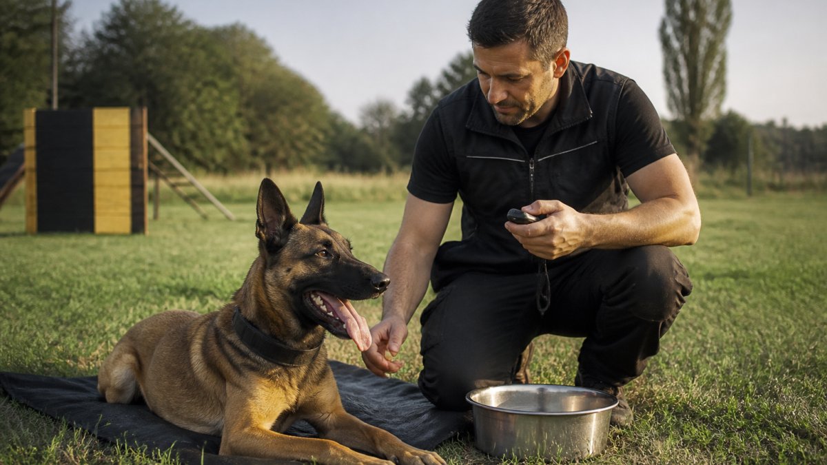 Lean working dog resting on a mat with its handler after a training session in a field at sunset.