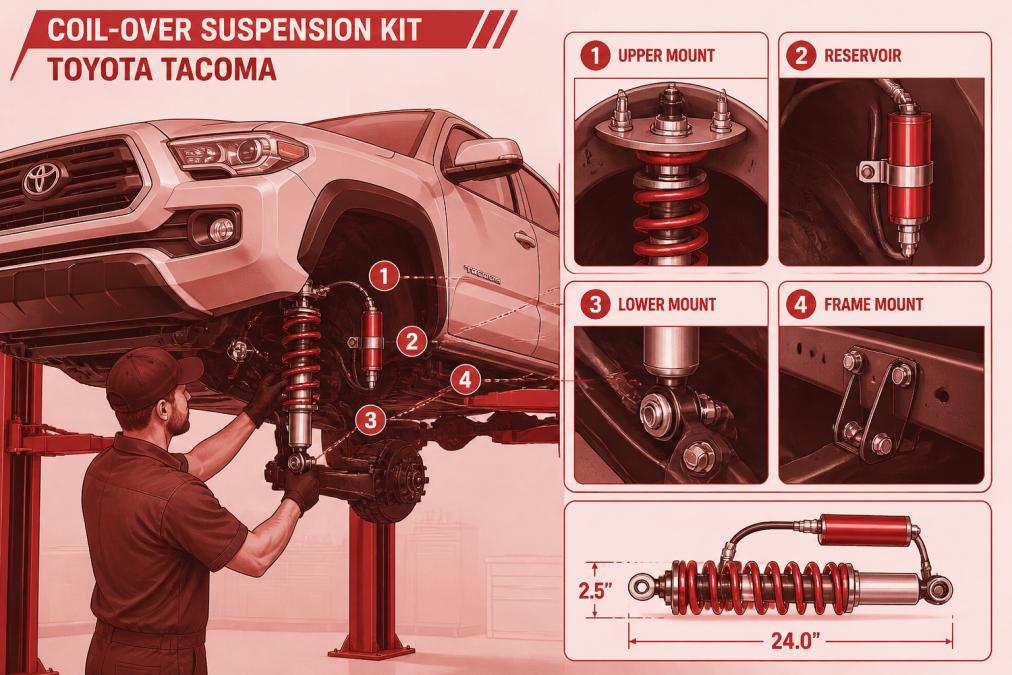 Professional mechanic installing a coil-over suspension kit on a Toyota Tacoma, with the vehicle lifted on a shop hoist, showing the shock absorber reservoir and mounting points in detail