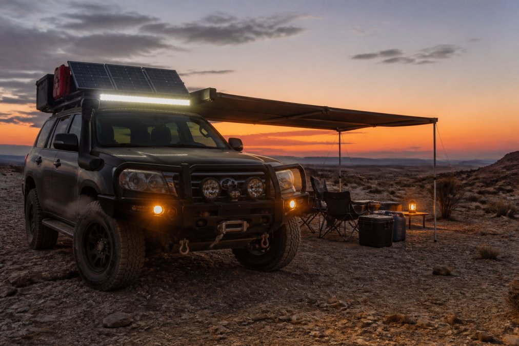 Overlanding vehicle parked at a remote desert campsite at dusk, equipped with LED light bars on the roof, auxiliary ditch lights mounted on the bumper, a roof-mounted awning extended for shade, solar panels visible on the roof rack, and recovery gear including a winch mounted on the front bumper