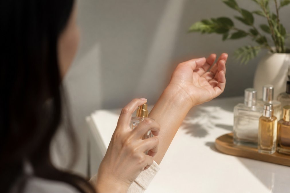 Person applying perfume to the inside of wrist using a spray bottle, shown in bright natural lighting with minimalist background, demonstrating proper technique