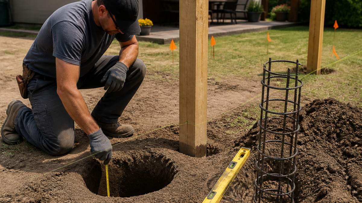 A contractor in work clothes kneeling beside a freshly dug cylindrical footing hole next to a marked pergola post layout, with a level and rebar cage visible on the ground nearby