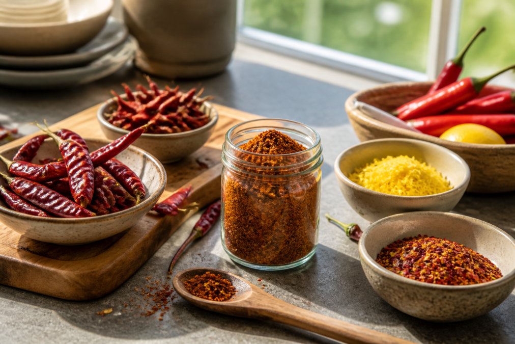 A kitchen countertop scene showing several small bowls of dried red chillies, paprika and lemon zest arranged beside a wooden spoon and a jar of peri peri seasoning, natural daylight from a window