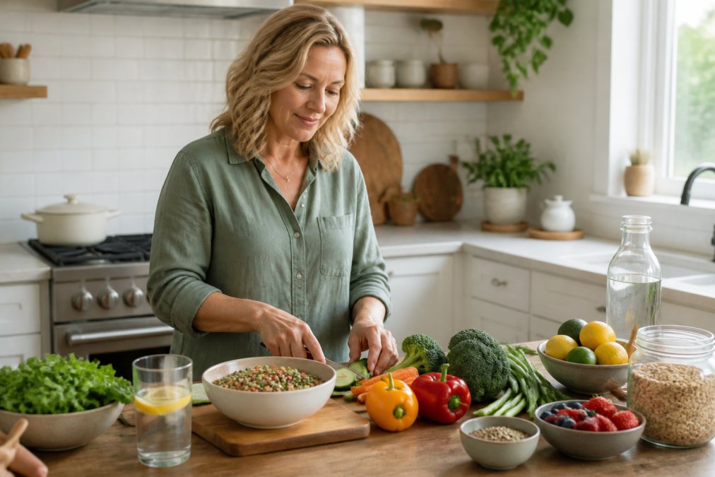 Woman in her 40s preparing a fiber-rich meal to manage perimenopause bloating in a bright, modern kitchen.