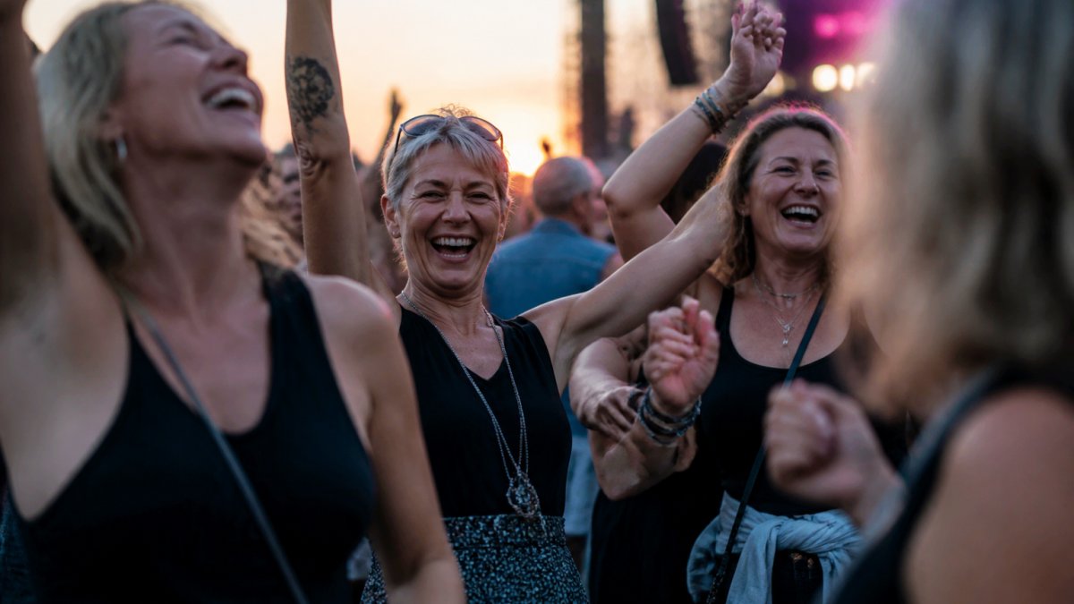 A group of women in their 40s and 50s laughing at an outdoor live music event at dusk, arms raised, colourful lighting, genuine joy and energy, casual festival clothing, no beauty filters or posed perfection