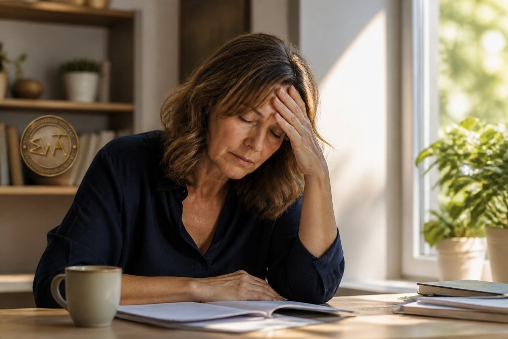 A woman in her 40s sitting at a desk looking exhausted, with her hand on her forehead, early morning light coming through the window, a coffee cup nearby, her face showing fatigue and strain