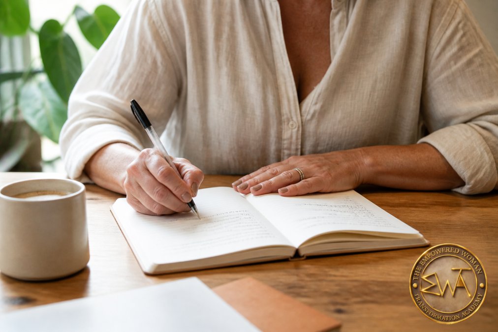 Close-up of a woman's hands writing in a journal or notebook with a pen, tracking notes visible on the page, warm natural lighting, the notebook open on a wooden table