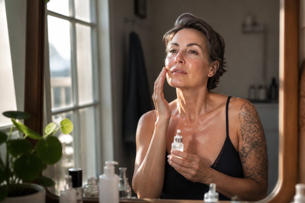 Woman in her 40s applying serum to her face in soft morning sunlight streaming through a window, looking focused and confident in her skincare routine