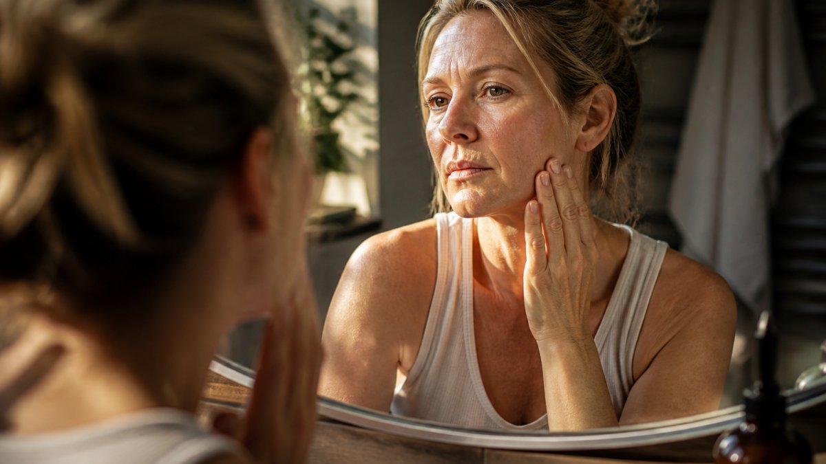Woman in her 40s examining her skin in a mirror with morning light, looking thoughtful at visible changes and texture