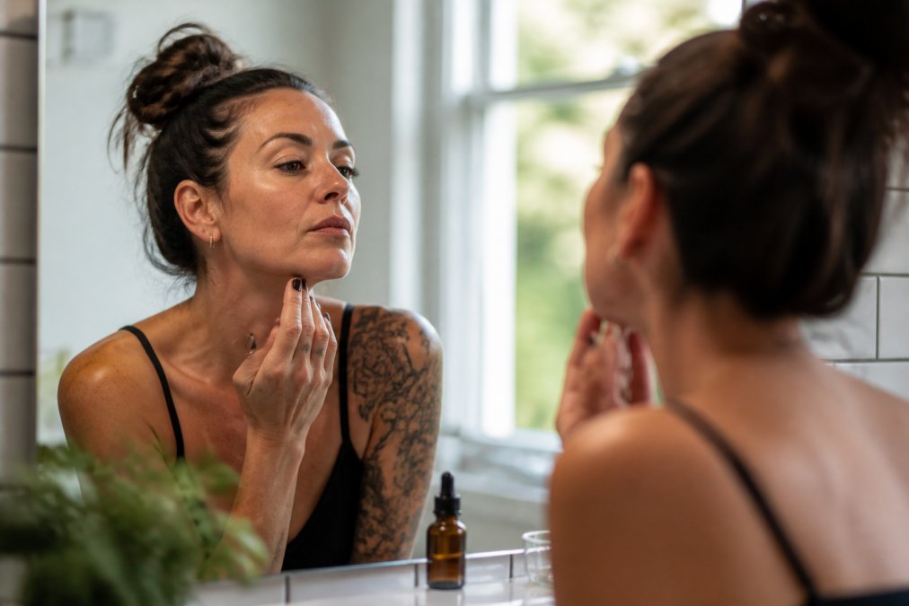 A woman in her 40s applying a serum to her jawline in a bathroom mirror, natural light, relaxed and confident expression, skincare bottle visible on the counter