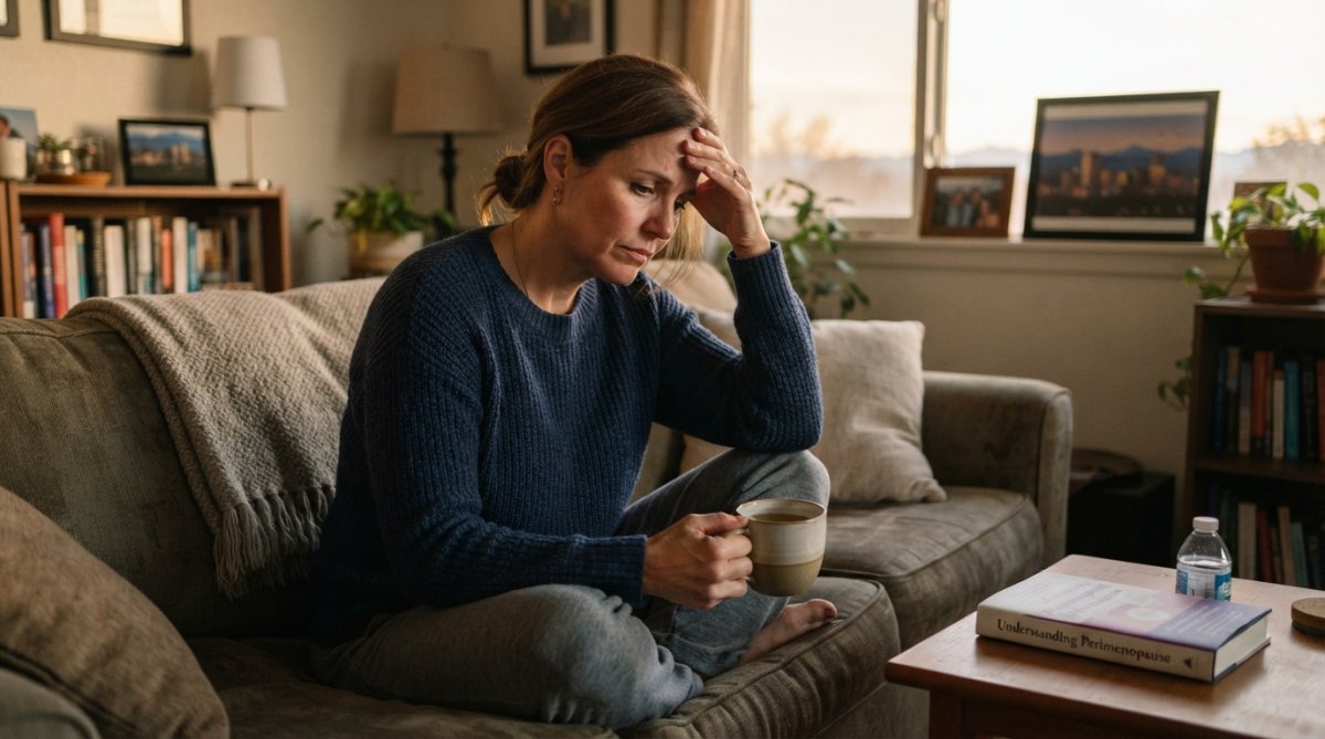 A woman in her 40s sitting at home near a window during early evening, appearing thoughtful and slightly uncomfortable with her hand on her chest, natural warm lighting